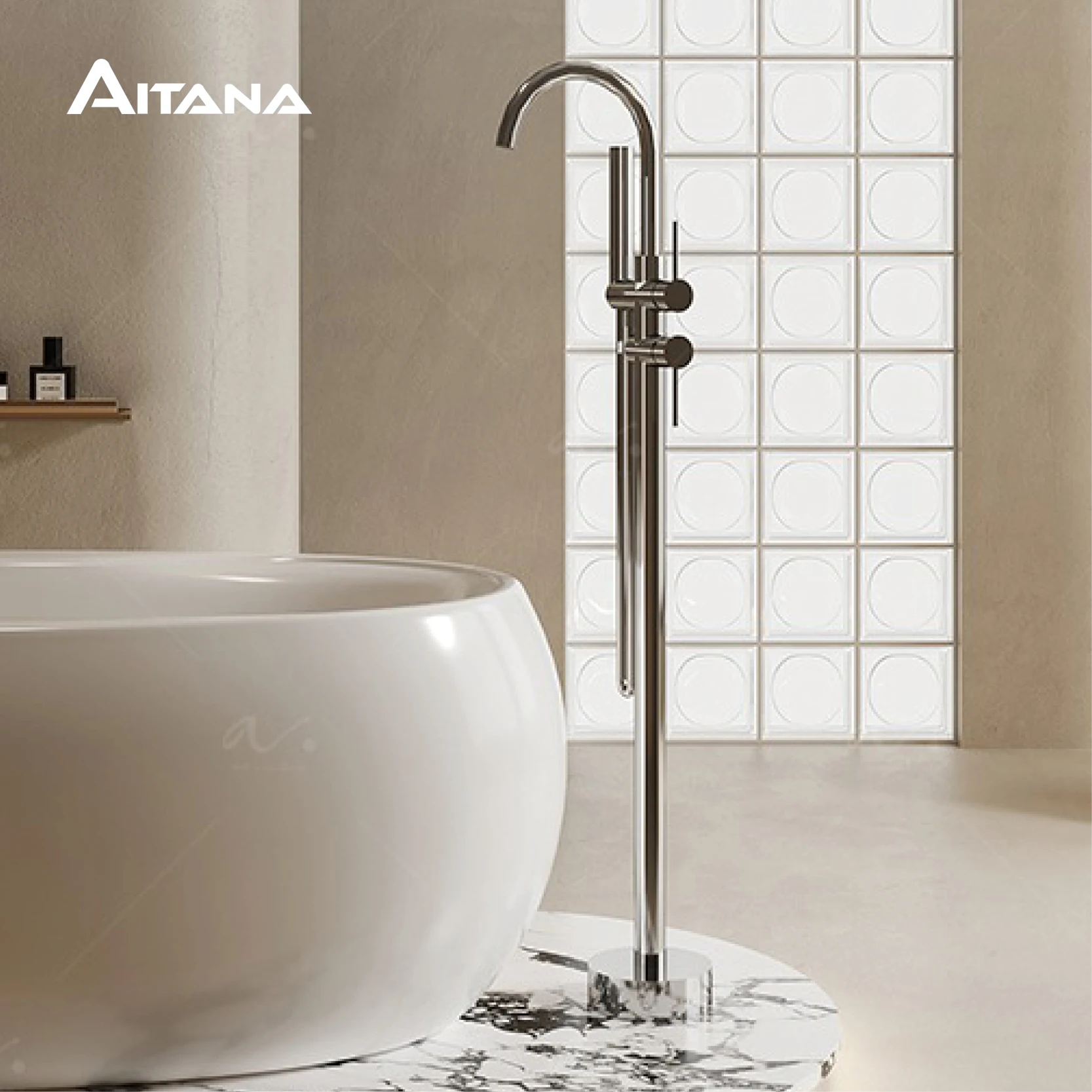 AITANA Luxury Brass Black Floor standing Bathroom Faucet Simple Design Double Handle Hot and Cold Water 2Function Bathtub Faucet