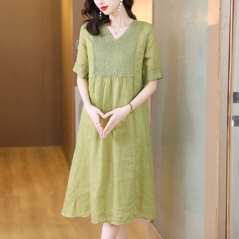 

2023 New Fashion Solid Color Dress Women's Summer Versatile V-neck 5/4 Sleeve Loose Fit Casual Holiday Dress Vestidos