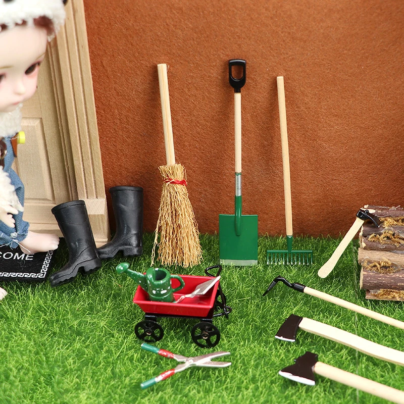 1Set 1:12 Dollhouse Miniature Farm Tool Ax Shovel Pull Cart Broom Boots Watering Can Garden Decor Toy Doll House Accessories multi function house hold hand tool set rake shovel water bottle pruning shear non slip ergonomic handle tools