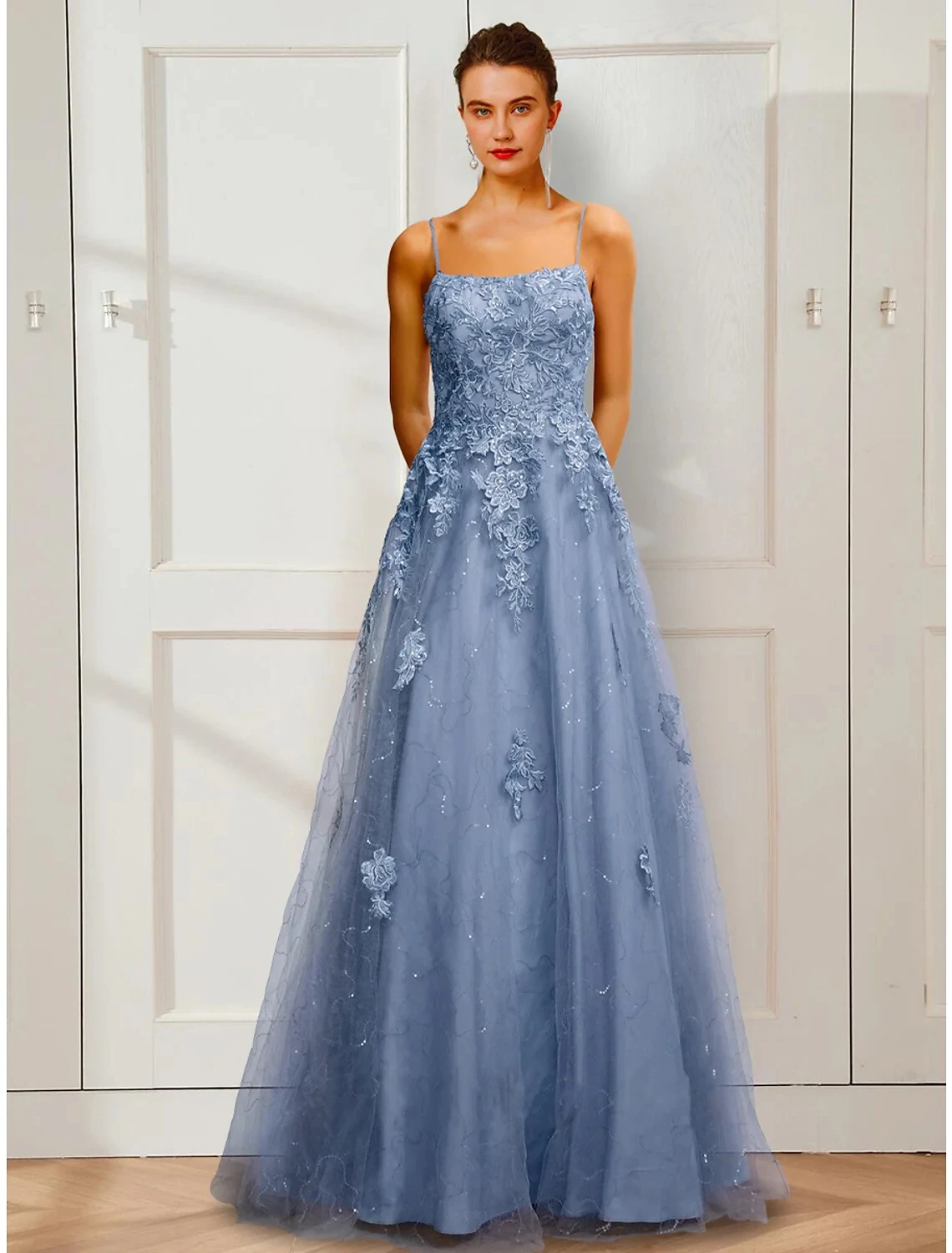 

Elegant Women's Party A-Line Sleeveless Spaghetti Strap Appliqued Gowns 2024 Prom Dresses Floral Floor Length Dresses فساتين سهر