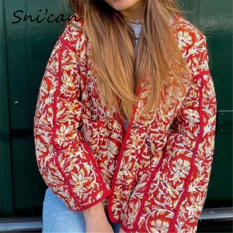

Red Paisley Print Oversize Casual Jacket Coat V Neck Long Sleeve Warm Winter Women Chic Tops Outwear Abrigo Veste Streetwear