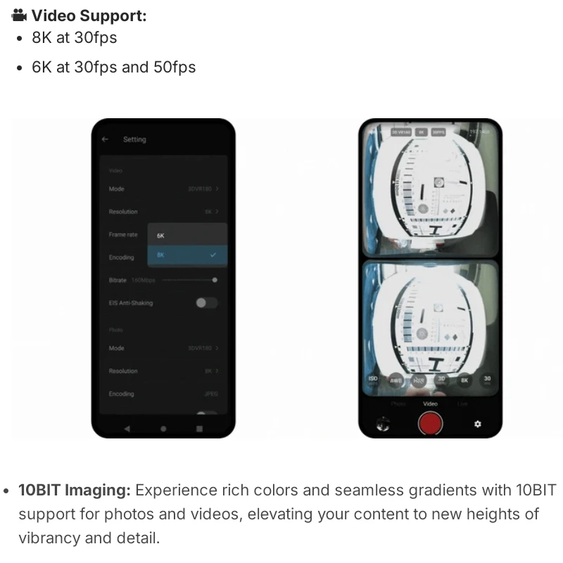 SLAM XCAM 8K 30FPS VR180 3D 카메라 듀얼 1/1.5인치 CMOS 센서 10비트 컬러 6.67인치 AMOLED 3D 비디오 카메라