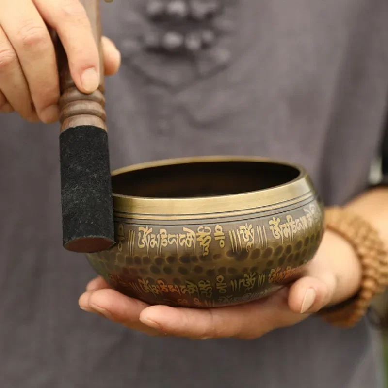 Nepal Handmade Yoga Meditation Bowl with Mantra Design Tibetan Singing Bowl Set for Meditation and Relaxation 2