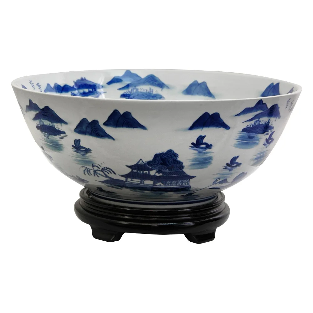 

Oriental Furniture 14" Landscape Blue & White Porcelain Bowl