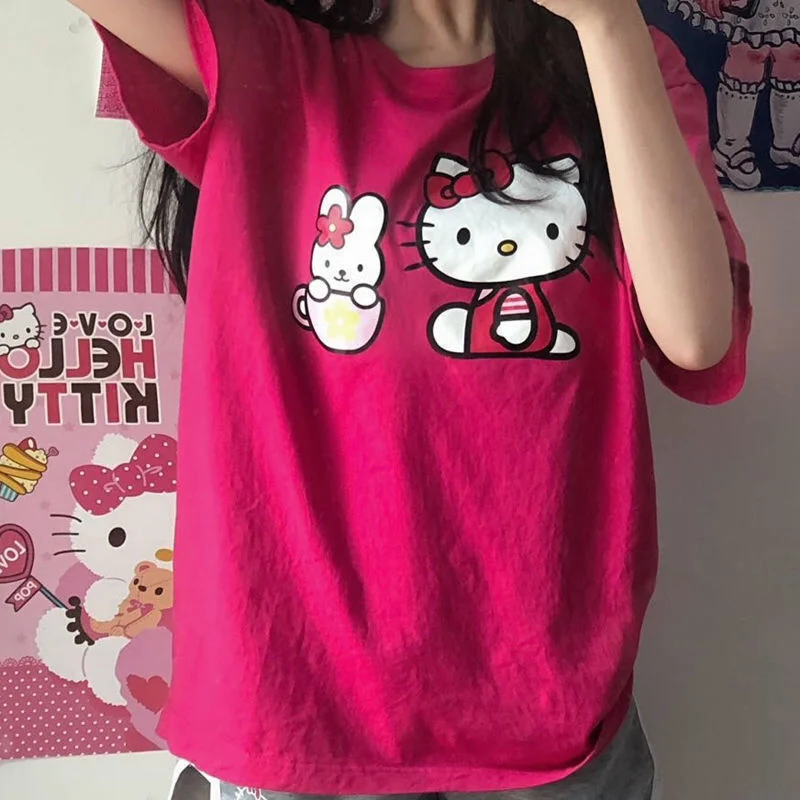 Camiseta de manga curta feminina 100% algodão, rosa doce, estampa Angel  Kitty, blusa solta, roupa