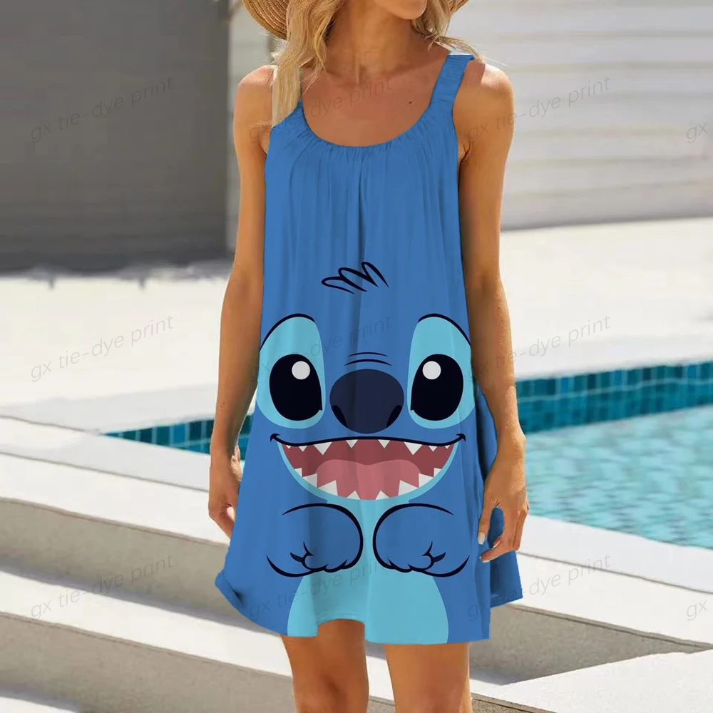 

Stitch Summer Dresses Woman 2023 Beach Dress Women's Cartoon Loose Sundresses Backless Sleeveless Boho Disney Slip Fashion Print