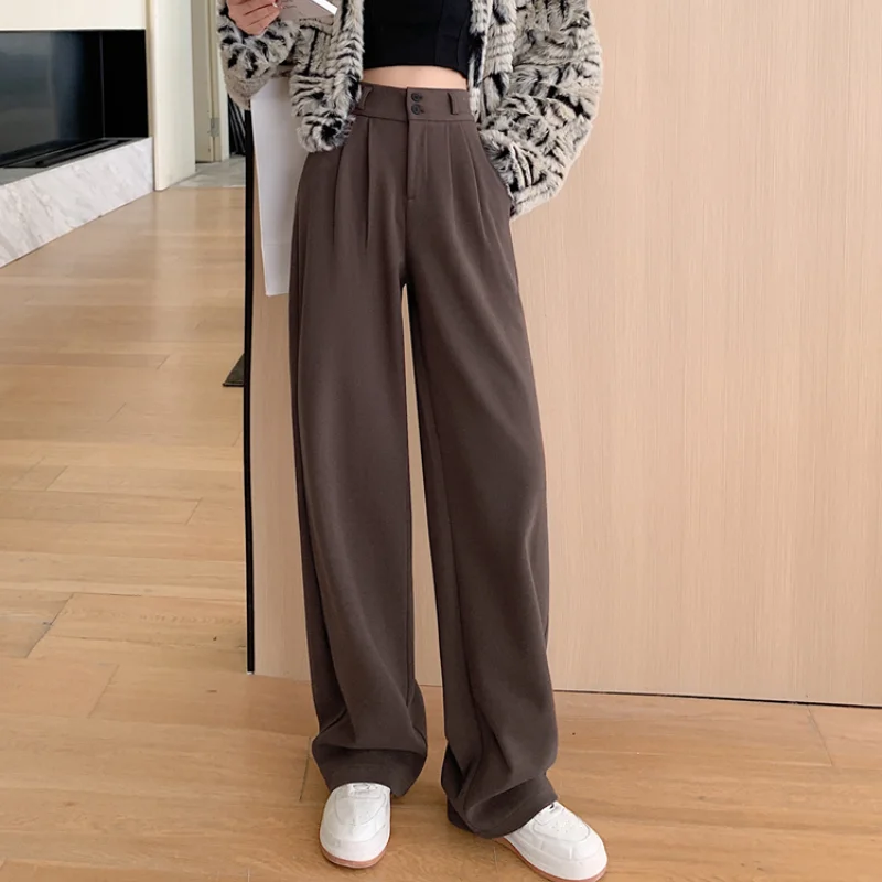 

Брюки женские прямые шерстяные, утепленные модные штаны с высокой талией и широкими штанинами, офисные повседневные шерстяные штаны, Осень-зима