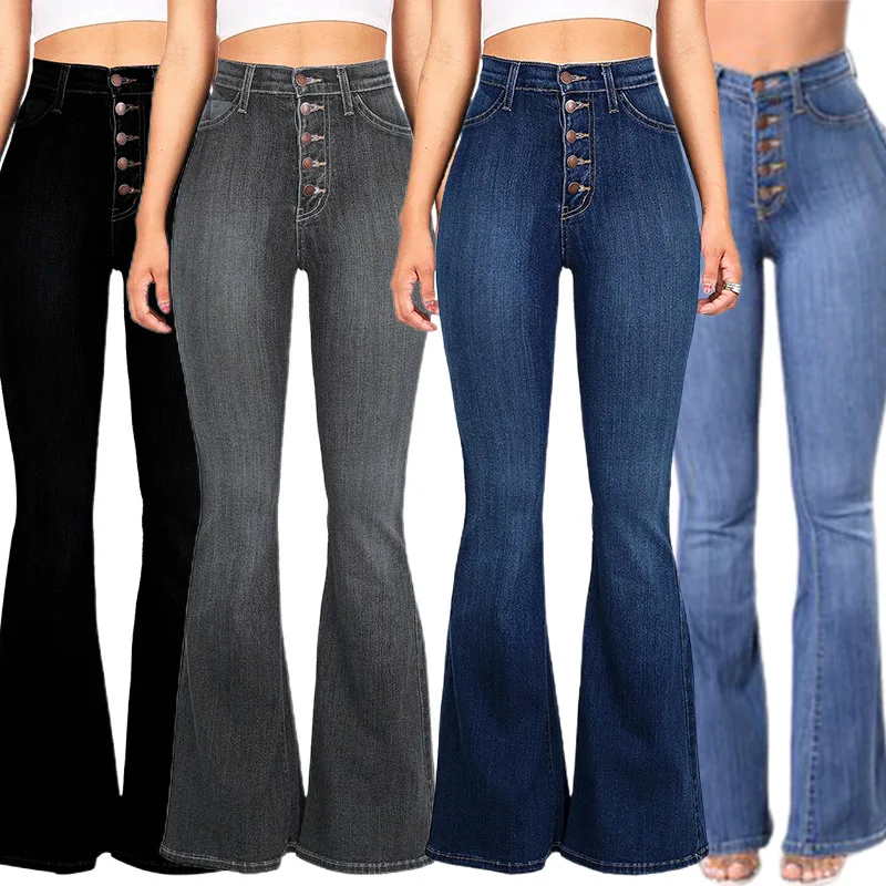 Women High Waist Button Denim Jeans Ladies Slim Flare Pants Solid Long pantalones de mujer