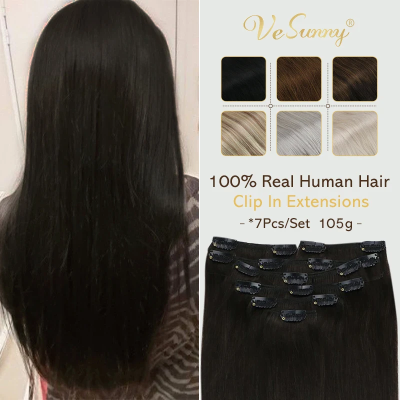 

Vesunny Clip in Hair Extensions Double Weft Supple Real Hair Extensions Clip in Human Hair Brown Ombre 7Pcs 120g