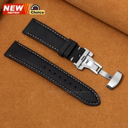 Elegant Genuine Leather Butterfly Clasp Watchband - Premium Strap Wristband Accessories - 22mm (Black)