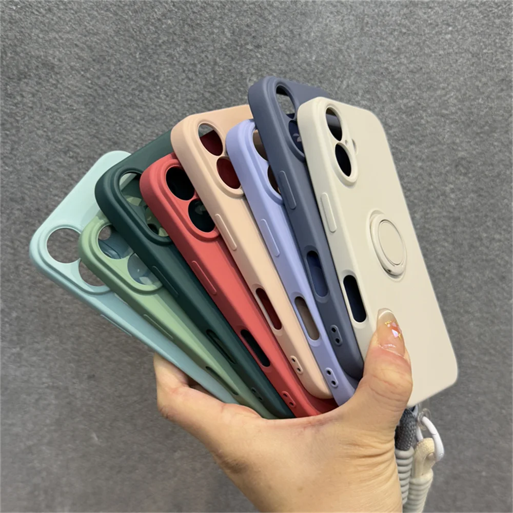 Luxury Solid Liquid Silicone Phone Case with Lanyard and Ring Holder - Matte Frosted Finish