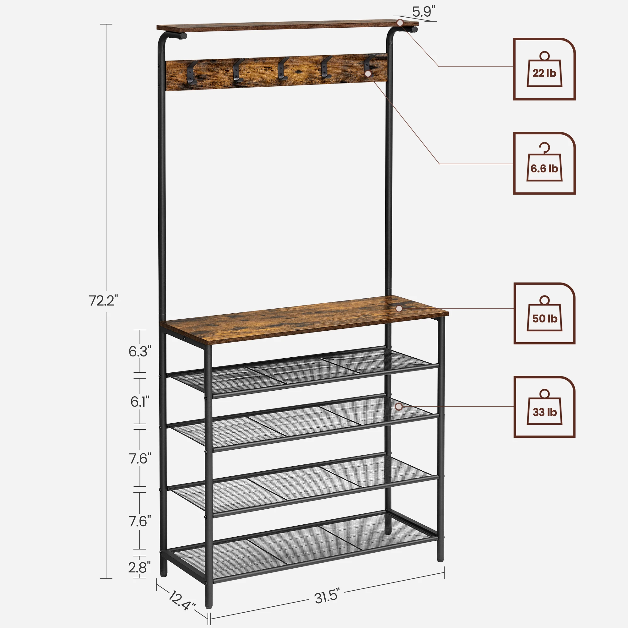 VASAGLE Hall Tree With Shoe Bench, Coat Rack Shoe Bench, 5-Tier Shoe Rack Different Heights, 5 Dual Hooks, Top Shelf,Entryway 6