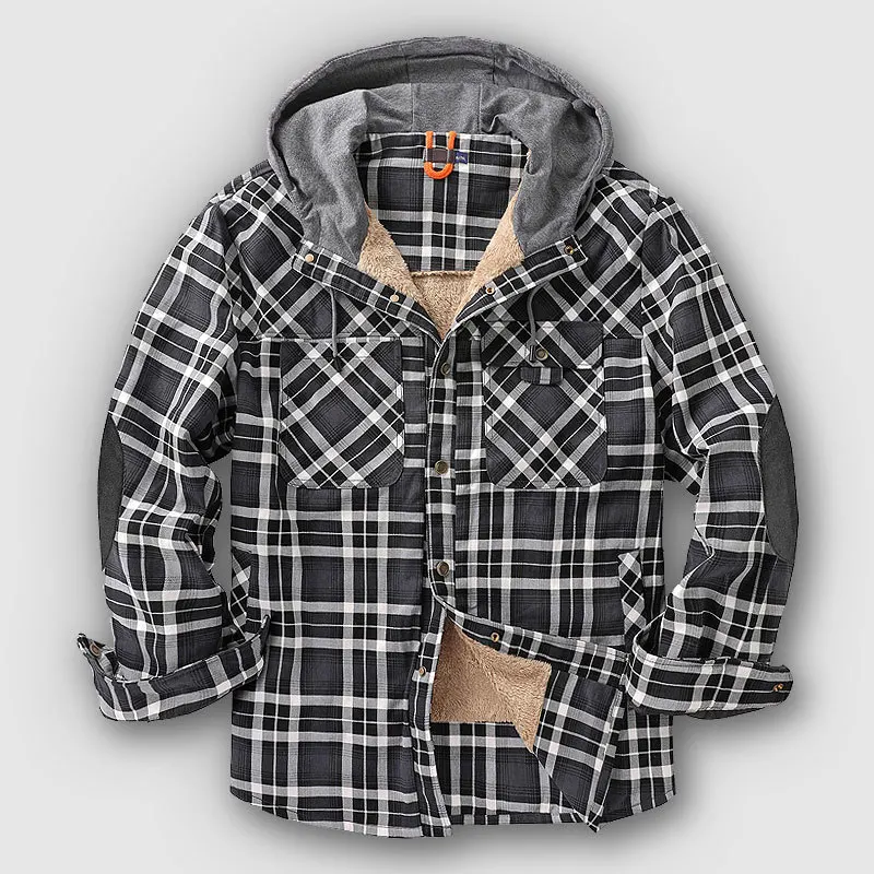 Mens Flannel Hoodie Jacket Casual Thicken Fleece Lined Flannel Shirt Long Sleeve Plaid Work Flannel Button Down Warm Winter Coat mens plaid patchwork pocket flannel shirt m gray