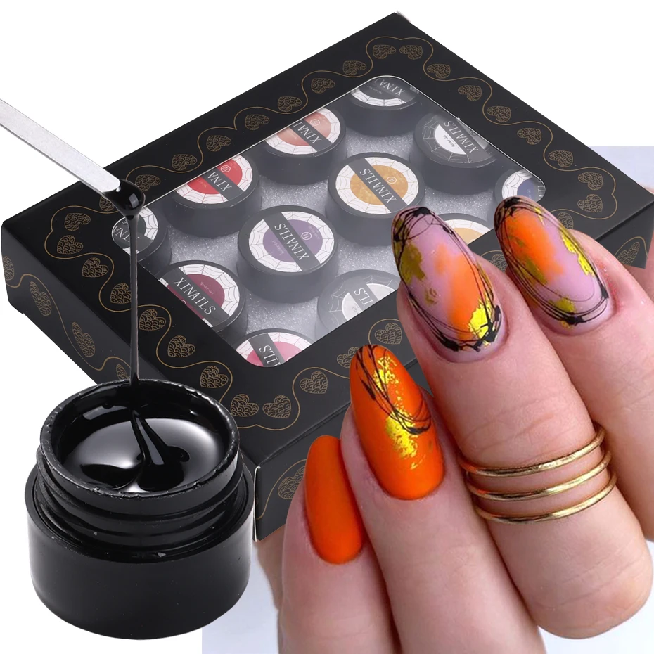 

12pcs/set Wire Drawing Spider Web Nails Gel Polish Creative Line Painting Varnish Black White Design Pull Silk Manicure Lacquer