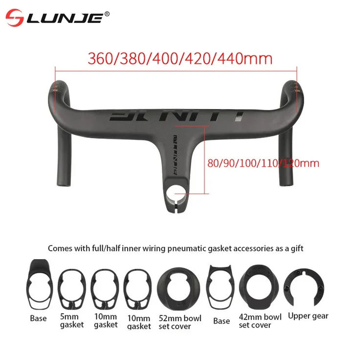 LUNJE Full Carbon Fiber Road Bike Handlebar -10° Integrated Design 360-440mm