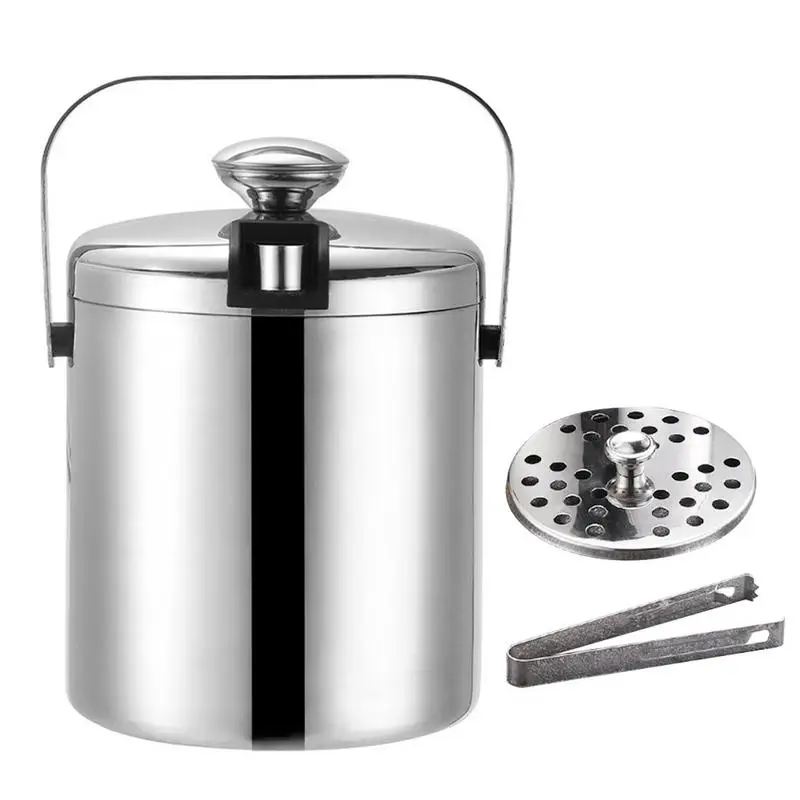 

1.3L Insulated Double Walled Stainless Steel Ice Bucket With Tong Lid And Strainer Easy Carrying For Champagne Party Bar Wine