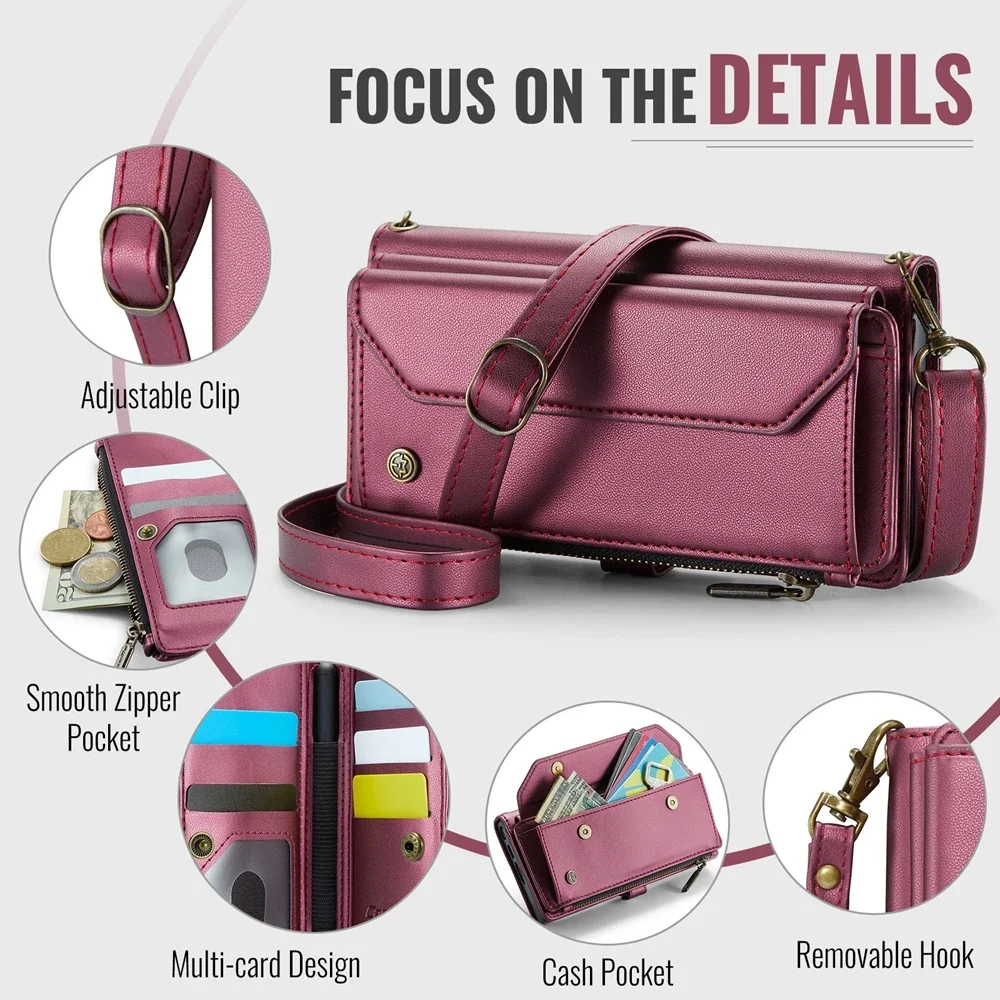 Crossbody Leather Wallet Phone Case with Stand and Shockproof Magsafe Flip Cover, featuring Lanyard Wristband.