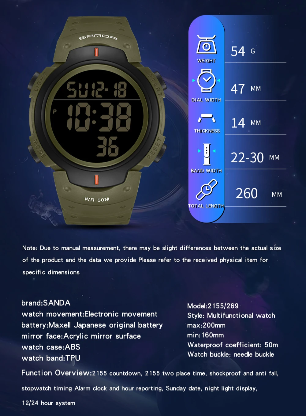 SANDA 269 Luxury Military Digital Watch for Men Waterproof Sports LED Display Electronic Digital Mens Wristwatches Alarm Relogio