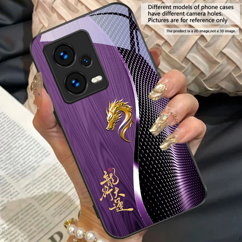 Elegant Black Tempered Glass Phone Case with Traditional Dragon Totem Design