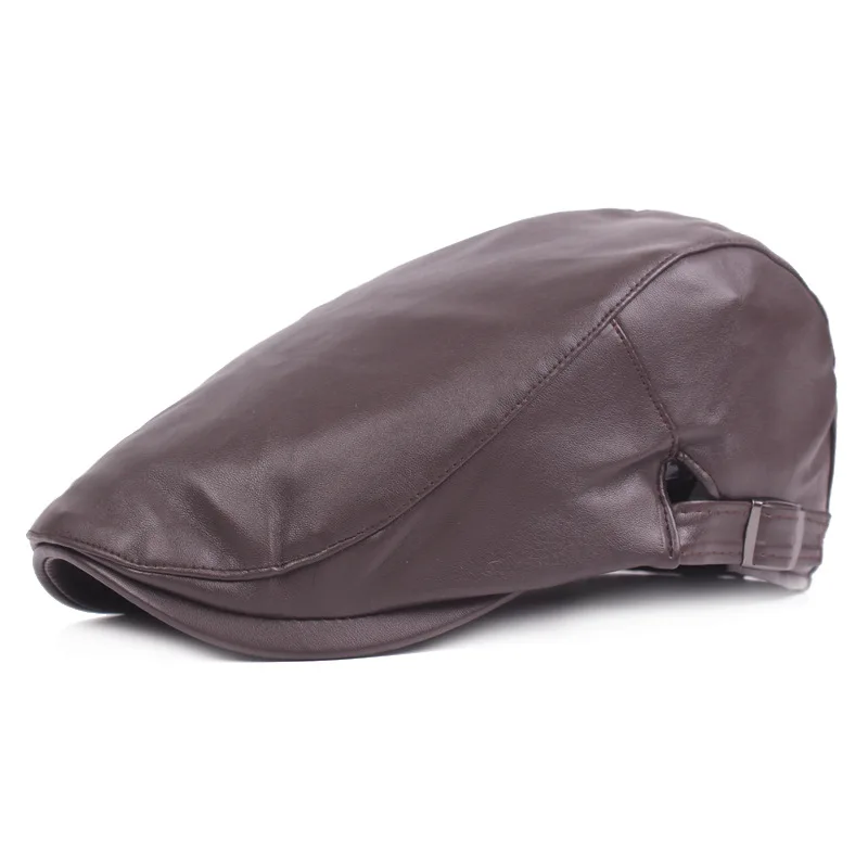 New Men Women Berets Faux Leather British Vintage Flat Cap Male Solid Black Red Navy Brown Newsboy Caps Adjustable Driver Hats 6