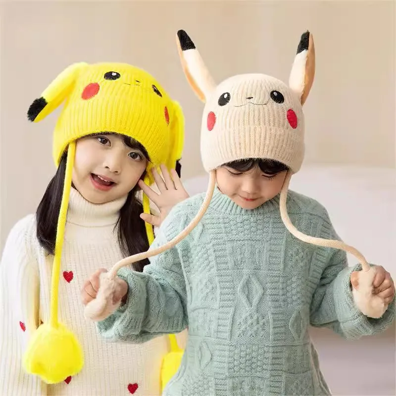

Anime Pokemon hat Cartoon Boys and Girls' Hats Moving Ear Series Winter Warm Children's Wool Cartoon Hat kawaii Children Gift