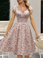 2025 Spring Summer Women Floral Dress French Style Ruffled Sleeves Wrap Waist Boho Beach Sundress Cottagecore