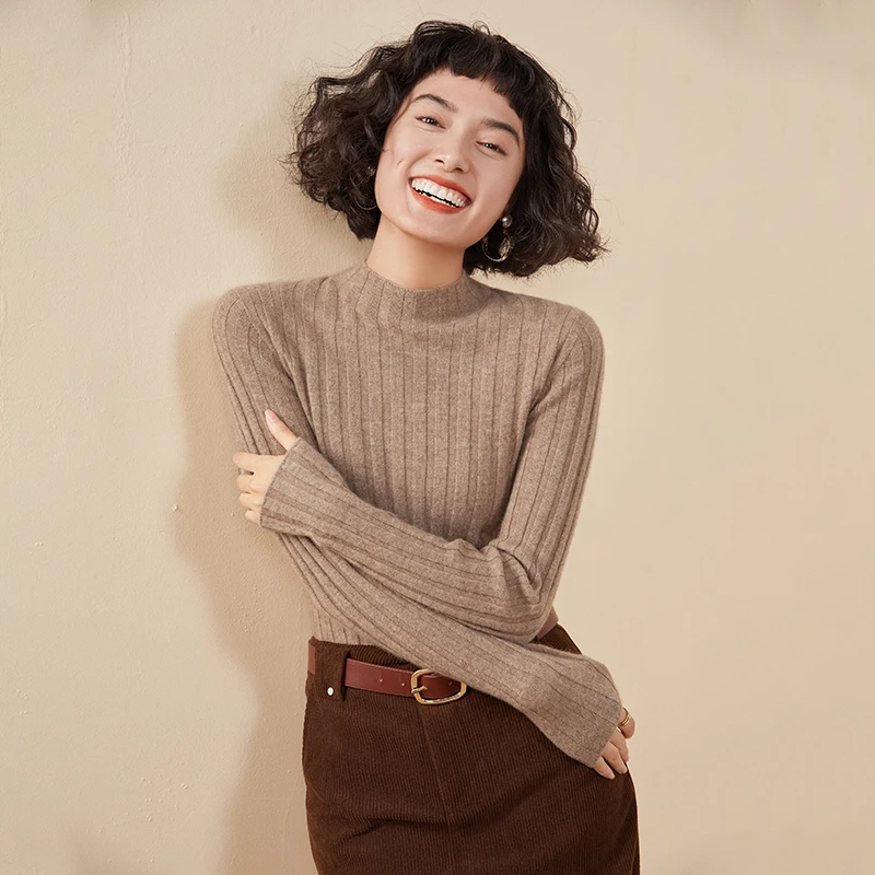 100% cashmere sweater women's semi high neck knitted women's pullover sweater slim fit solid color hot selling women's top 3