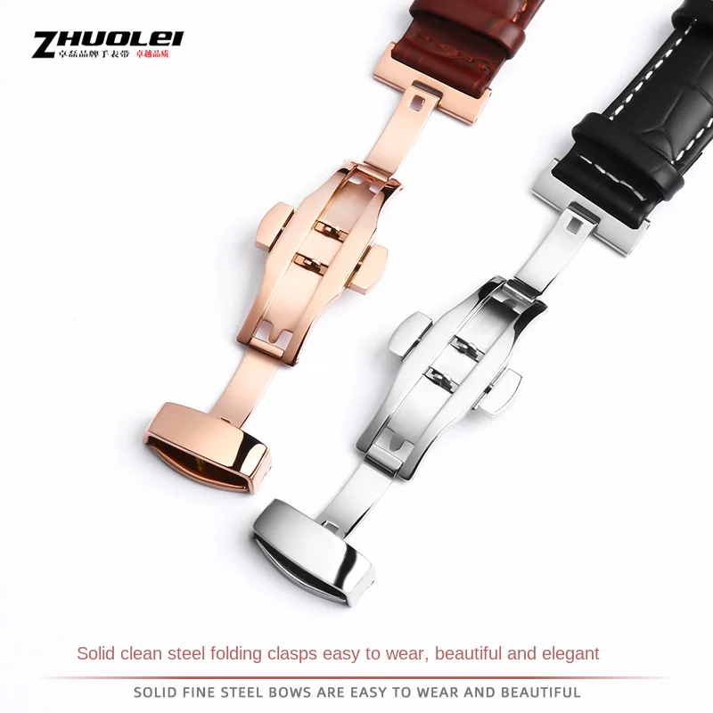 Luxurious Genuine Leather Watchband with Chain Butterfly Clasp