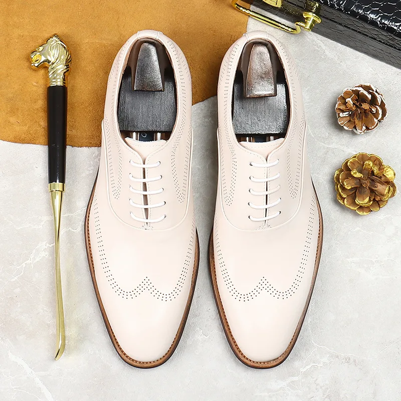 

Brand Men Oxford Brogues Shoes White Men Dress Office Wedding Formal Shoes Lace up Pointed Toe Genuine Leather Shoes