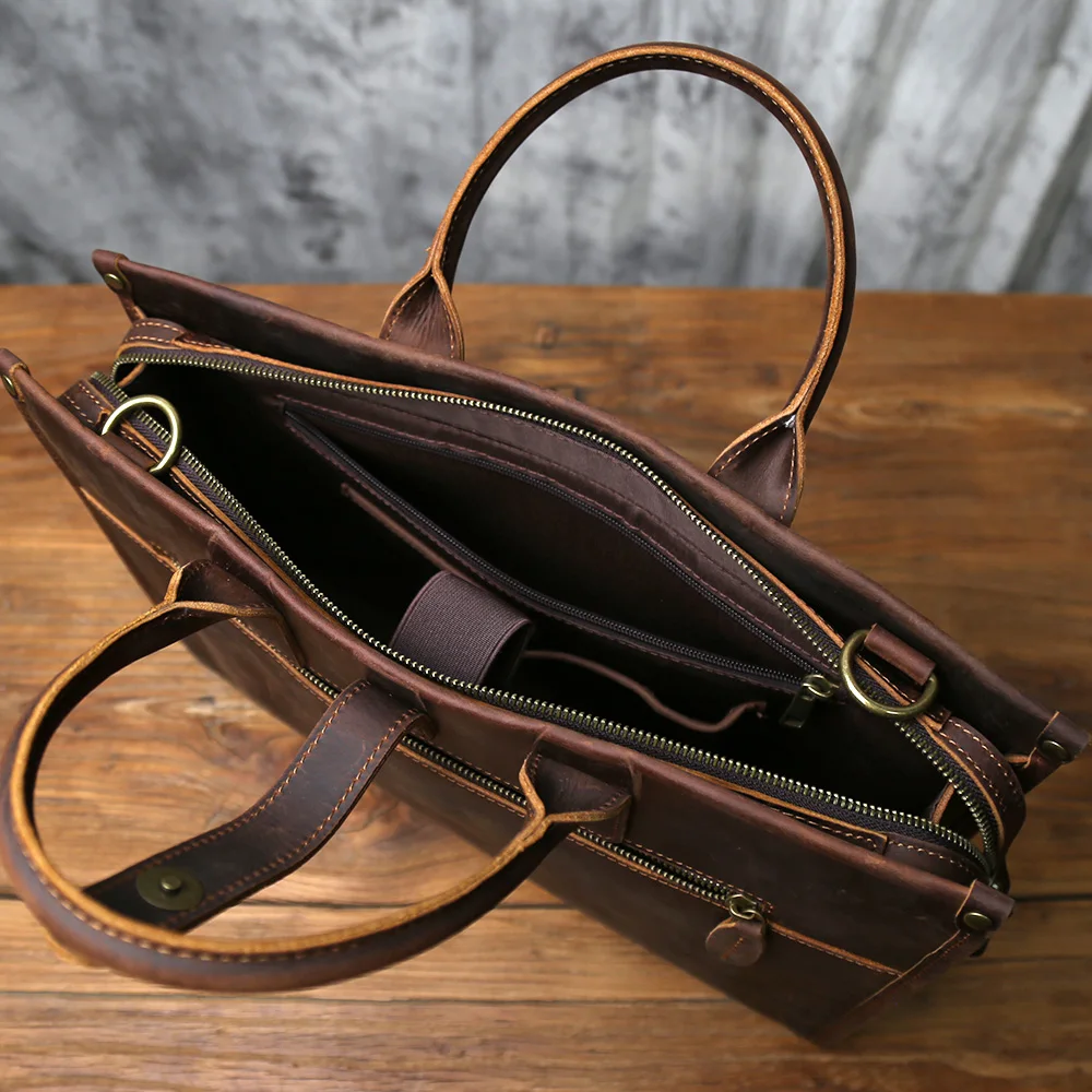 NZPJ Vintage Genuine Leather Men's Briefcase Natural Cowhide Handbag Crazy Horse Leather Computer Bag Casual Crossbody