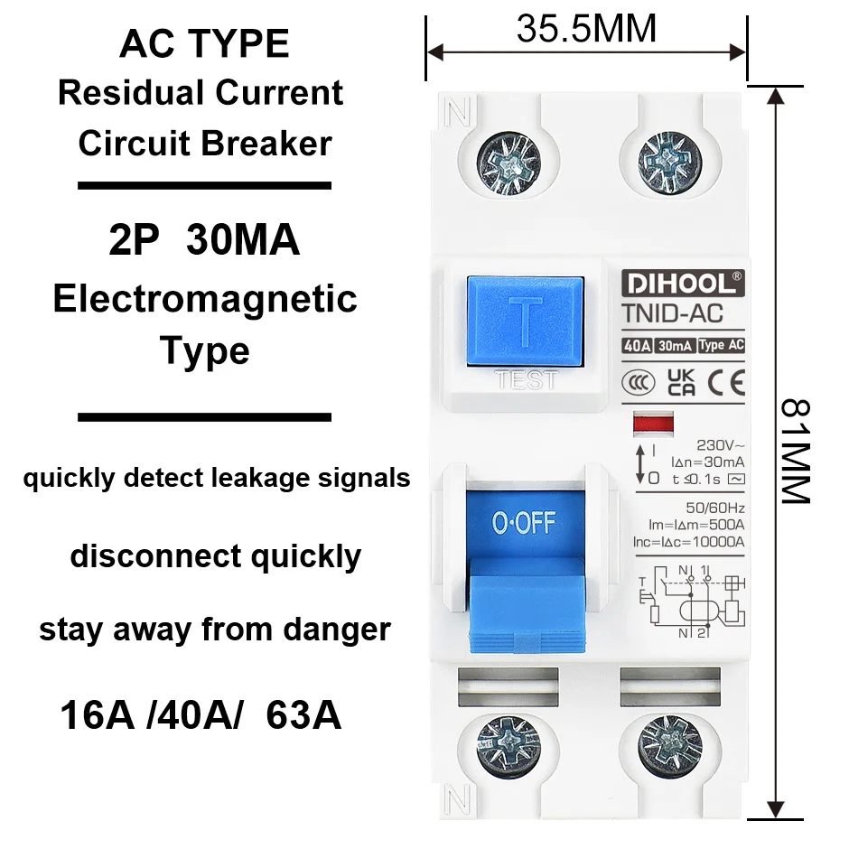 Dihool TNID RCCB Electromagnetic Circuit Breaker 2P Charging Pile Protector Leakage Protection 63A 40A 16A for Electrical Safety