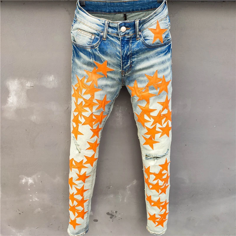 Pantalon Homme pantalones vaqueros con de estrella naranja para hombre, pantalones largos de estilo Punk, Hip Hop| | - AliExpress