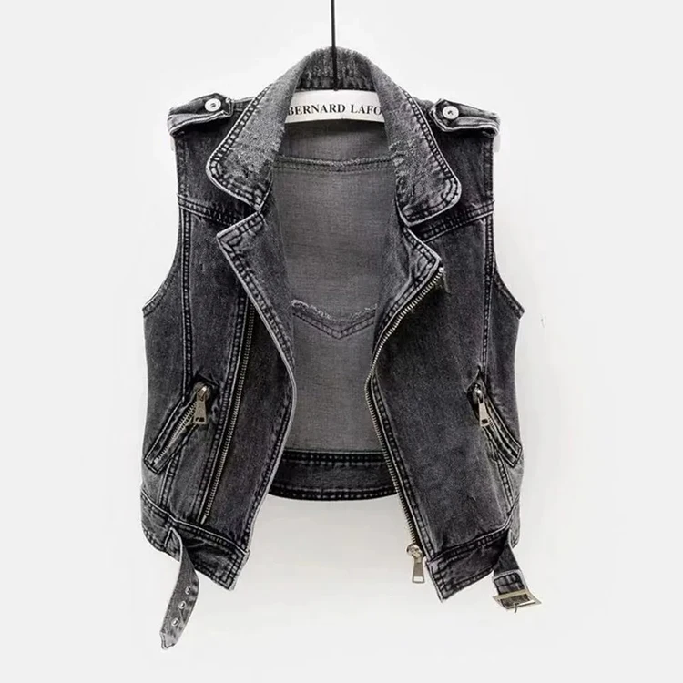 Gray Jean Cowboy Waistcoat Hole Denim Women Vest Female Spring Autumn Sleeveless Tops Short Jacket Girls Ripped 5XL Vest