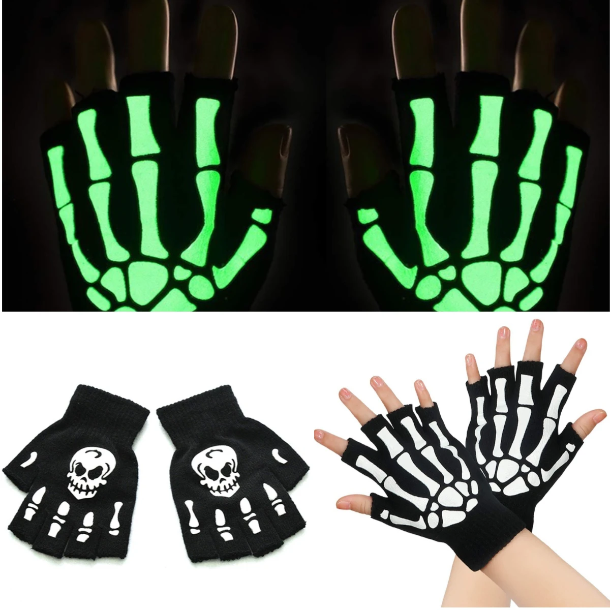 

Punk Gloves Unisex Halloween Skeleton Skull Half Finger Gloves Glow In The Dark Fingerless Stretch Knitted Winter Warmer Mittens