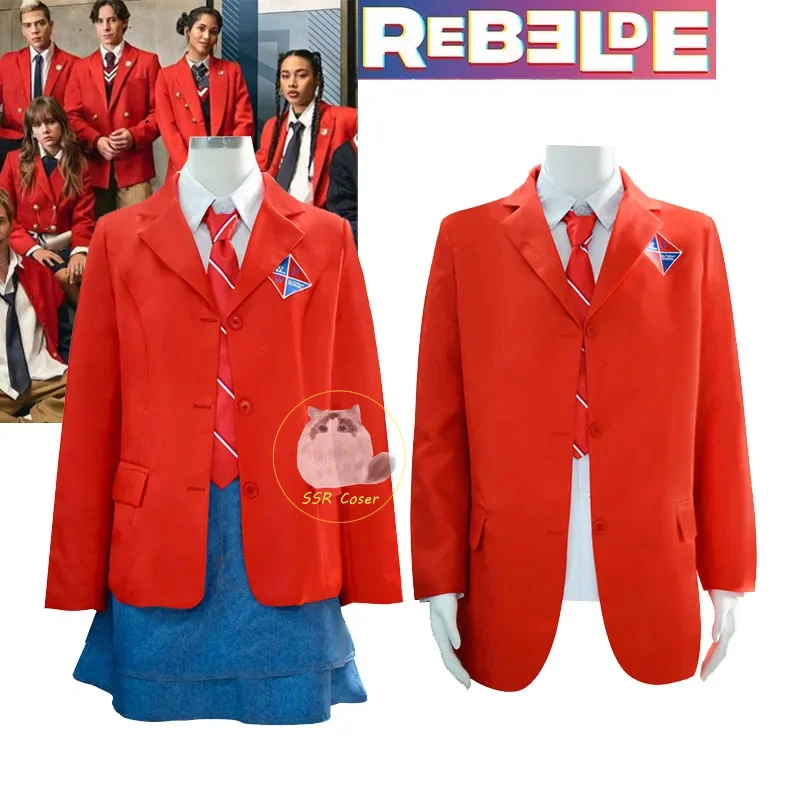 

EWS Rebelde Cosplay Costume High School Uniform Red Suit Jacket Skirt Shirt Tie Full Set Halloween Party Costumes for Men Women