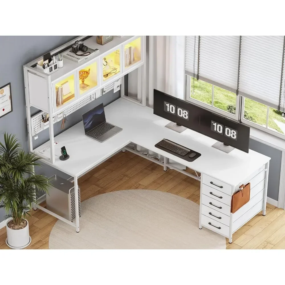 L-shaped Computer Desk with Storage Shelves, Pegboard, LED Lights, Sockets, Home Office Desk, Corner Table, Large Gaming Table 6