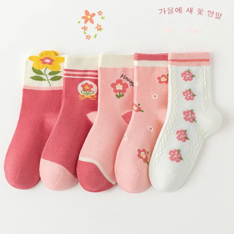 5 Pairs/Lot Kids Soft Cotton Socks Korean Love Heart Flower Print Baby Girl Socks Autumn Winter Warm Children Middle Tube cotton socks kids socks baby socks girls socks