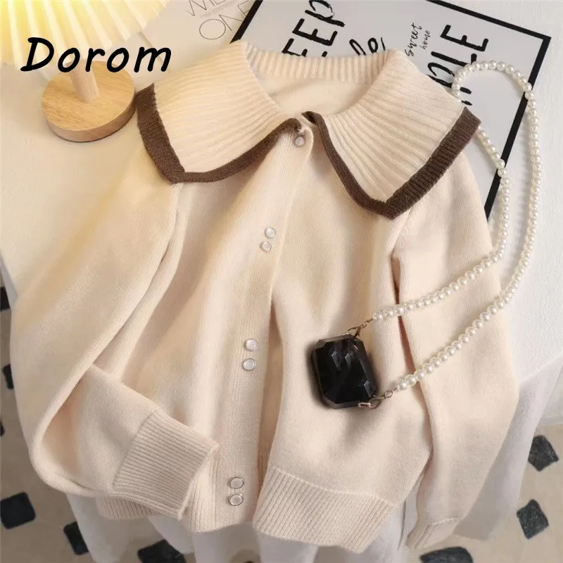 

Vintage Peter Pan Collar Knitted Cardigan Women Korean Style Single Breasted Oversize Sweater Coat Casual Loose Knitwear Outwear