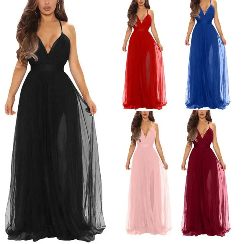 

Deep V-Neck Black Sexy Evening Dresses Side Split Tulle Cocktail Party Gowns with Criss-Cross Back Vestidos De Noche