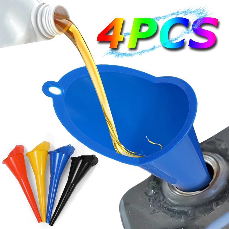 4pcs Car Oil Filling Equipment Universal Multi-color Anti-splash Plastic Long Stem Funnel Auto Motorcycle Refueling Accessories car funnels,oil filling tool