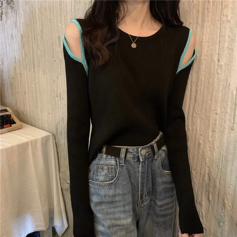 Women Knitted Off Shoulder Sweaters Autumn Long Sleeve