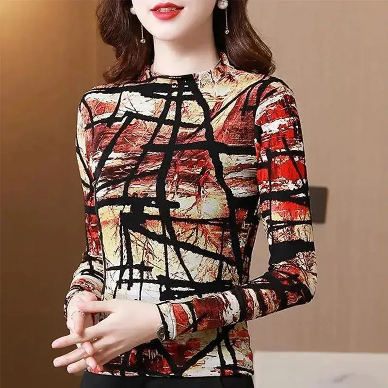 

Autumn and Winter Women's Pullover Round Neck Patchwork Printing Slim Underlay Fashion Casual Elegant Commuter Long Sleeve Tops