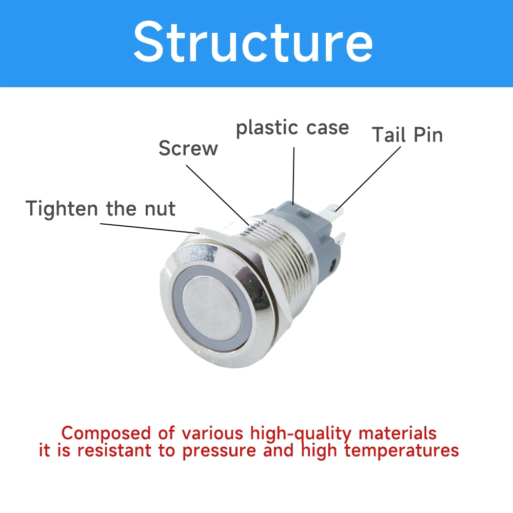 Push Button Switch 12mm 16mm 19mm 22mm Metal Self Reset Power Lock LED Light Waterproof Flat Circular 3-220v ip65