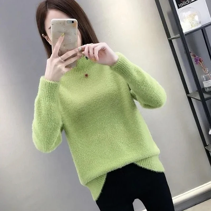 turtleneck JMPRS Pullover Women Sweater Winter Thick Faux Fur Half Turtleneck Knitted Jumper Autumn Loose Solid Fashion Warm Tops red sweater