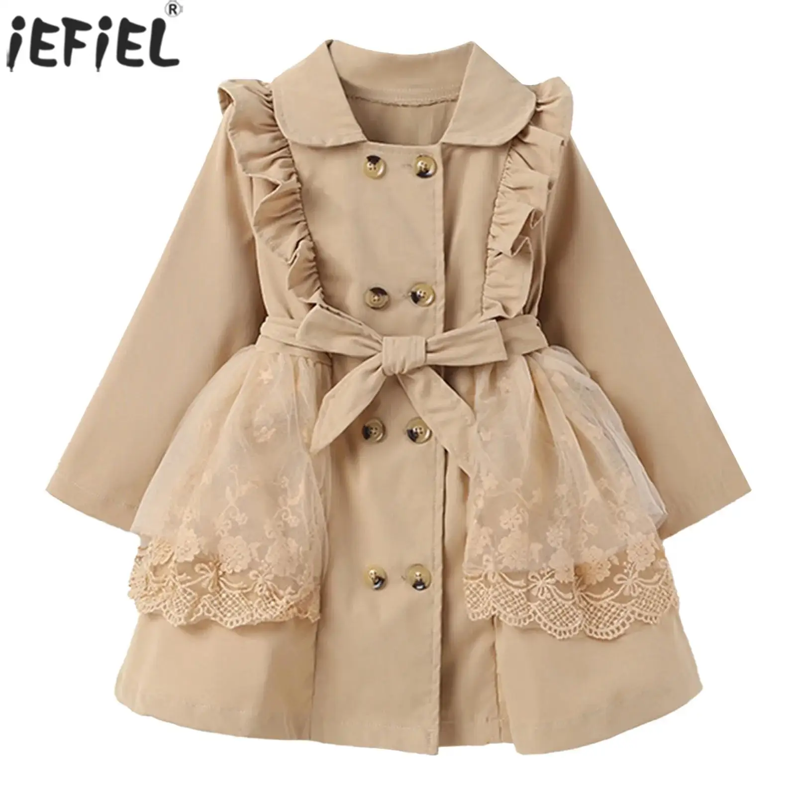 

Kids Girls Fashion Spring Jackets Double Breasted Ruffle Belted Trench Coat Dress Toddler Long Sleeve Windbreaker Outerwear