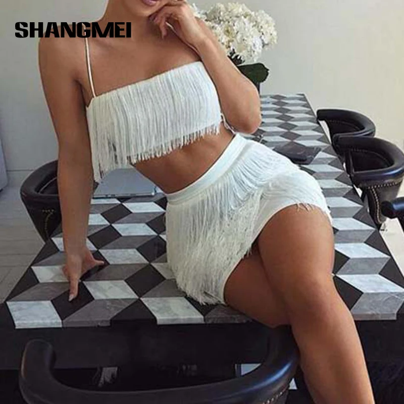 2 Two Piece Set Women Fashion Tassel Spaghetti Strap Crop Top Mini Dress Sexy Camisole Bodycon Dresses Party Clubwear Suits mini dresses ruffled chain spaghetti strap mini dress dark grey in gray size s