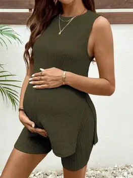 Maternity Summer Casual 2-Piece Set Textured Camisole And Adjustable Waist Shorts