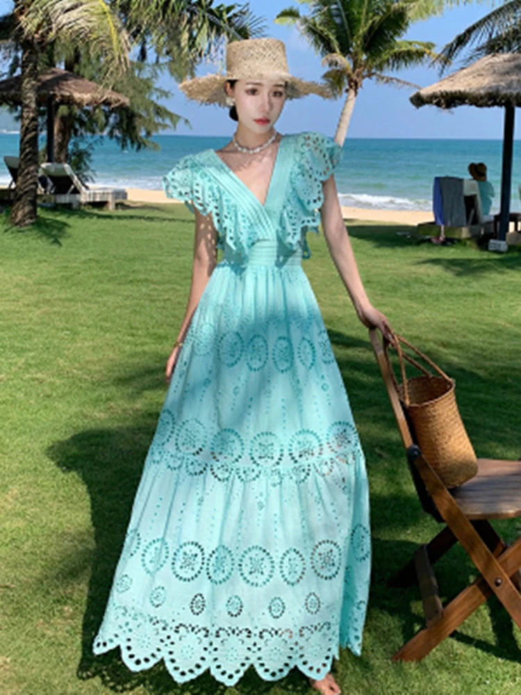 

High-End Custom Luxury Runway Designer Summer Dress Women's Sexy Deep V-Neck Hollow Out Embroidery Long Dress Female Clothing