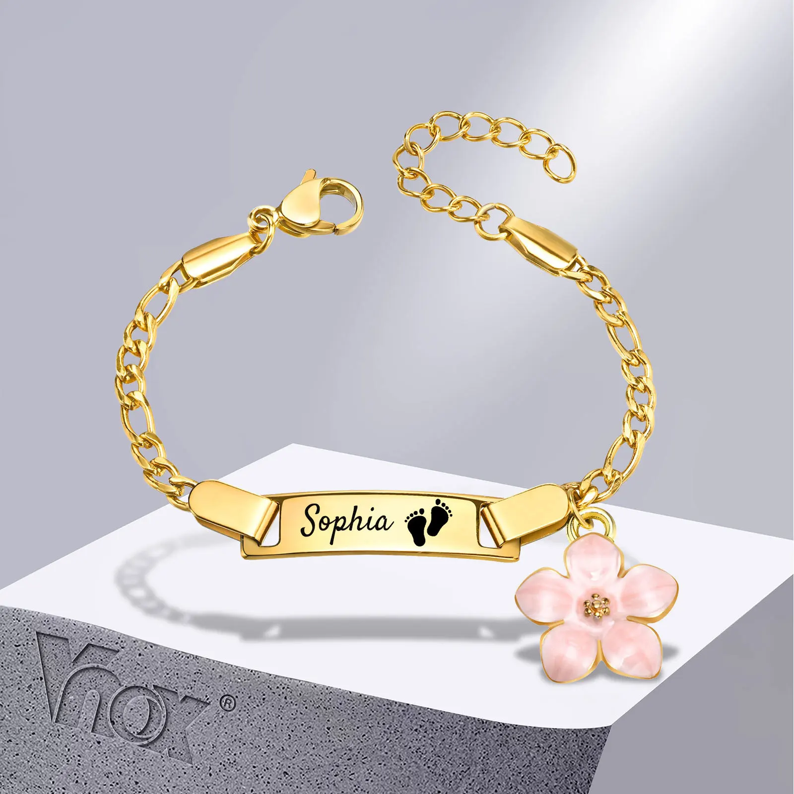 VnoxFreeCustomBabyNameBarIDBraceletPersonalizedGoldColorAnti