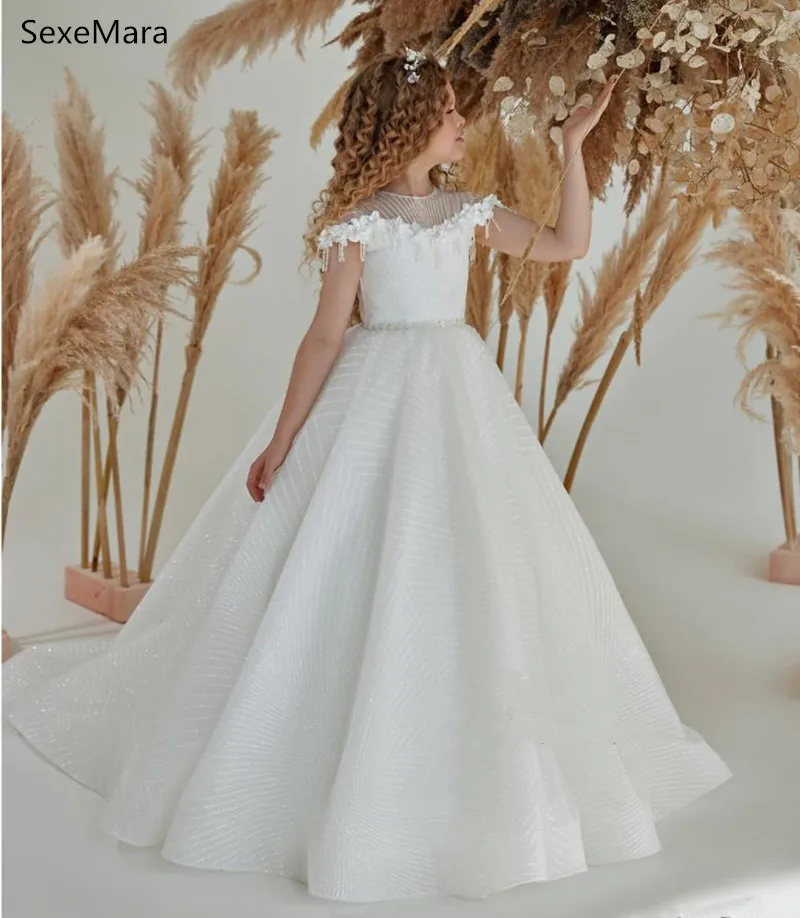 

New Princess First Communion Dress Sheer Neck Glitter Sequins Ball Gown Flower Girl Dress Party Gown for Kid Teens 1-16Years Old